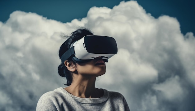 Young adult enjoying futuristic virtual reality simulator generated by AI