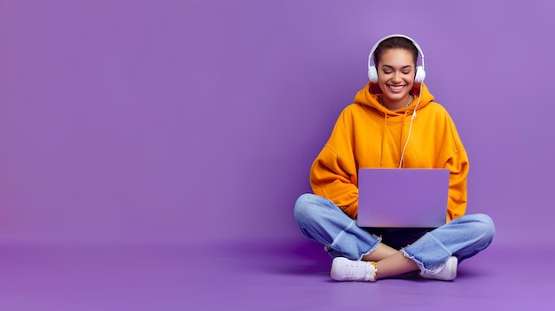 Young adult enjoying music on laptop with headphones Casual style vibrant colors Perfect for modern lifestyle blogs AI