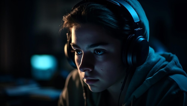 Young adult enjoying nightlife listening with headphones generated by AI