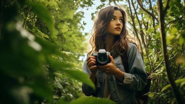 young adult exploring nature holding camera lens