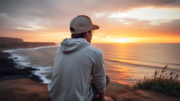 young adult in fashion headwear enjoys sunset on coastling