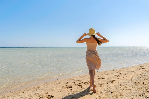 帽子をかぶった若い大人の女性の人は、青い澄んだ水を眺める高級リゾートの海のビーチコーストに沿って海岸沿いの散歩でリラックスをお楽しみください夏の旅行熱帯レクリエーション休暇観光コンセプト