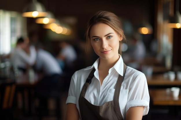 A young adult female worker in a cafe looking at the camera