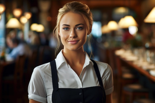 A young adult female worker in a cafeteria exuding professionalism