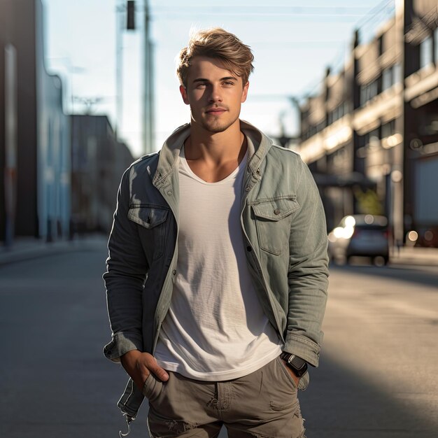 Photo young adult hipster with beard standing on city street