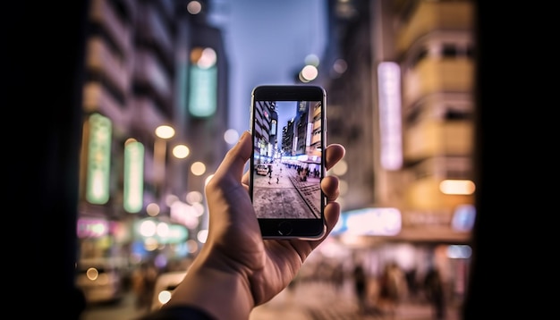 Young adult holding phone capturing city nightlife generated by AI