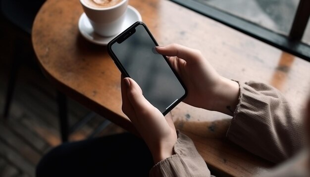 Young adult holding smart phone typing on touch screen indoors generated by AI