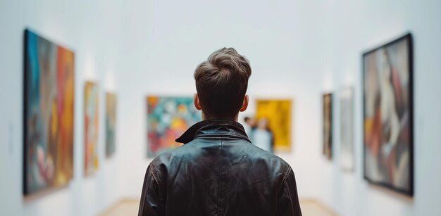 Young adult looking at paintings in an art gallery The concept of education and interest in art