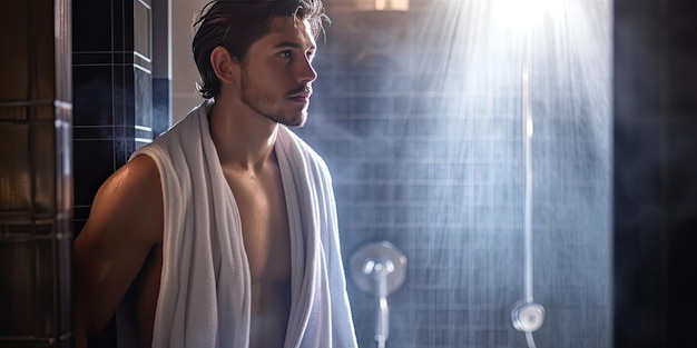 Photo young adult man comes out of the shower with a towel in a luxurious bathroom