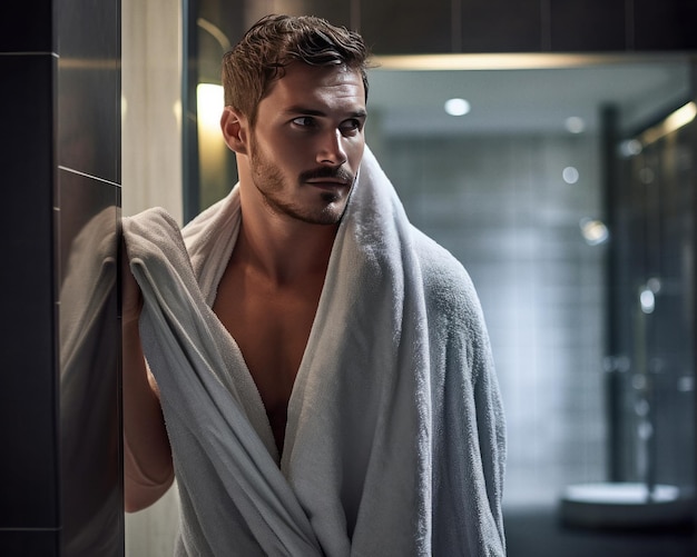 Young adult man comes out of the shower with a towel in a luxurious bathroom