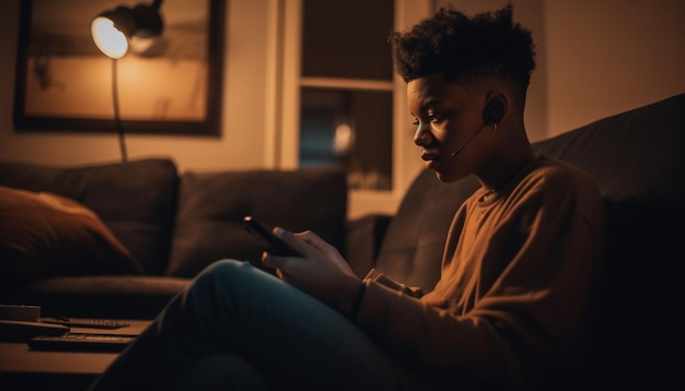 Young adult man enjoying wireless headphones indoors generated by AI