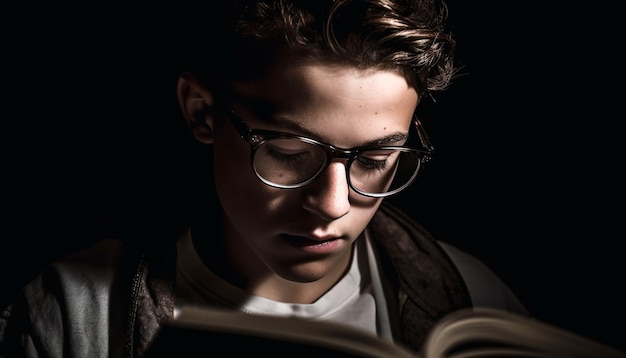 Young adult man in eyeglasses reading seriously generated by AI