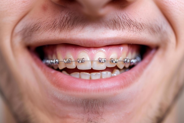 Photo young adult man wearing dental braces braces examination concept