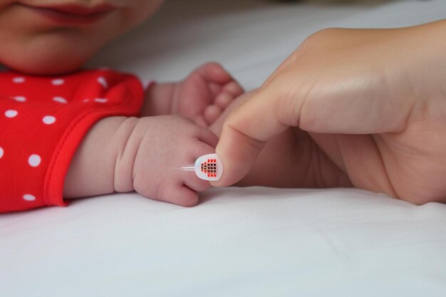 Photo young adult mother finger applying white medical ointment on newborn arm red rash on skin