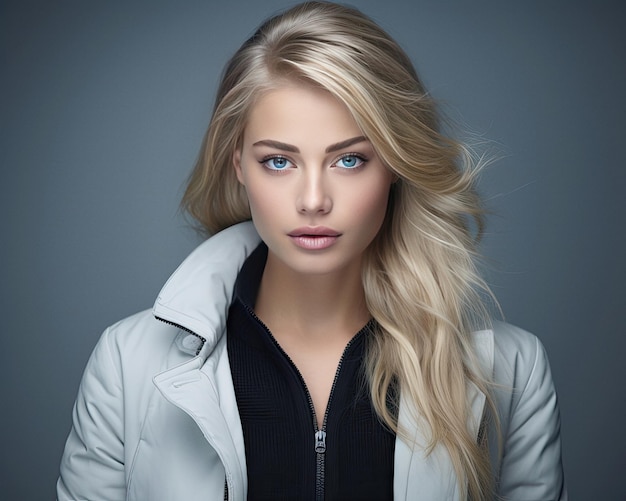 Young adult Nordic blonde woman with blond hair and light blue eyes wearing jacket