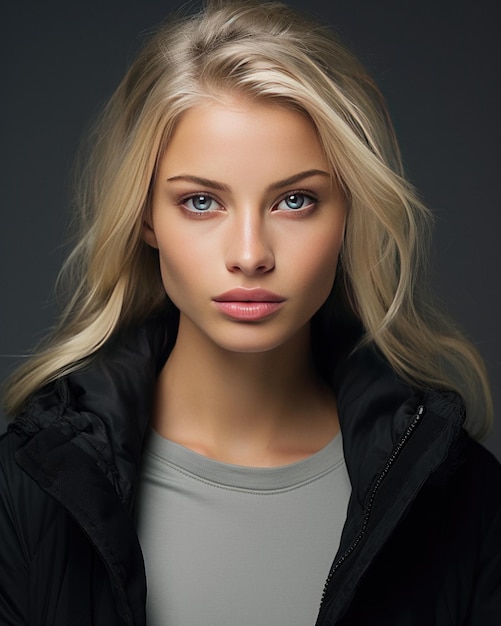 Young adult Nordic blonde woman with blond hair and light blue eyes wearing jacket