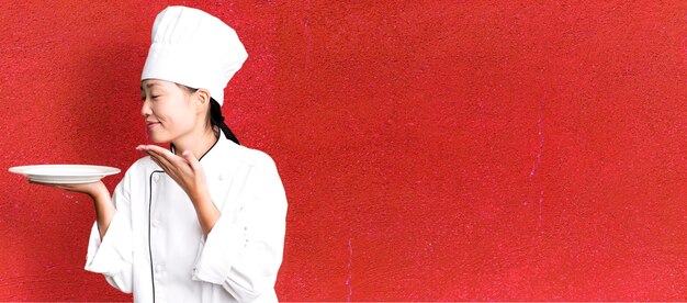 Young adult pretty asian woman restaurant chef holding an empty dish