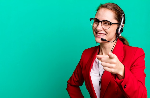 Young adult pretty businesswoman telemarketing agent concept