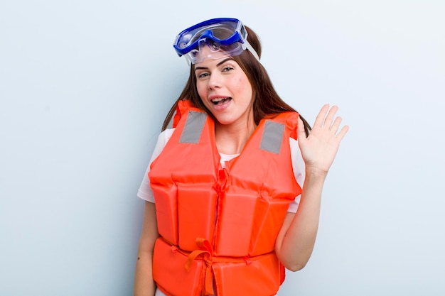 Young adult pretty woman life jacket and summer concept