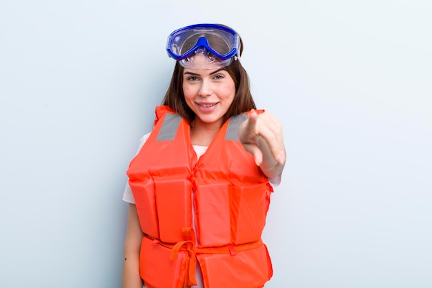 Young adult pretty woman life jacket and summer concept