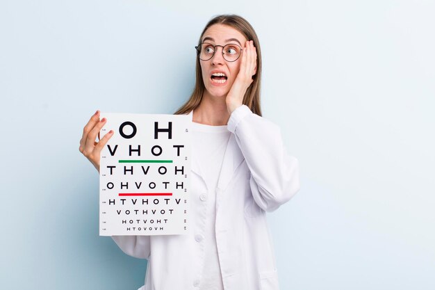 Young adult pretty woman optical vision test cocnept