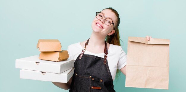 Young adult pretty woman take away delivery food concept