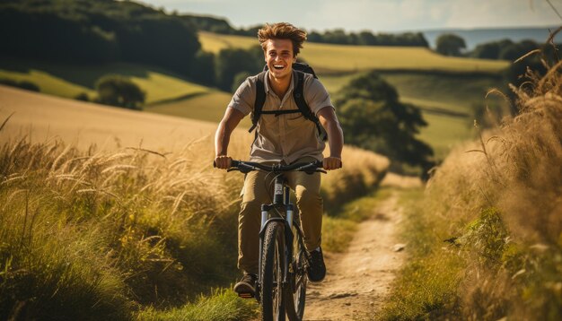 Photo young adult riding an electric bike in field side generative ai