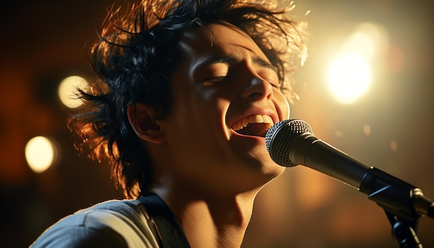 Young adult singer performing on stage smiling enjoying the music generated by artificial intelligence