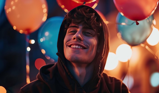 Young adult smiling amidst colorful balloons at night