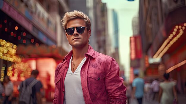 Photo young adult standing in city street wearing red sunglasses