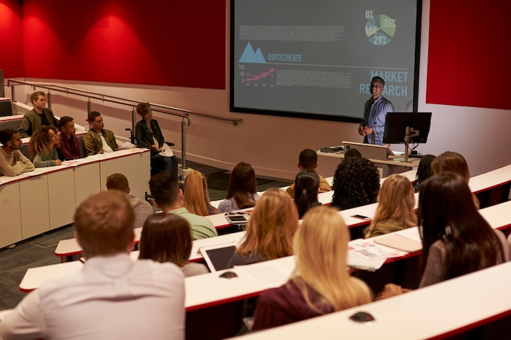 Photo young adult students at a university lecture back view