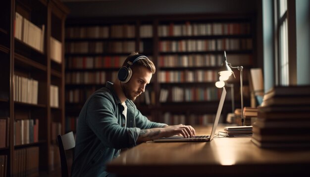 Photo young adult studying literature using wireless technology generated by ai