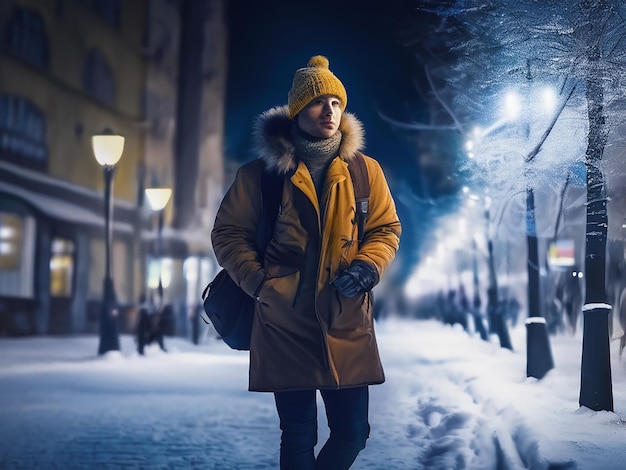 冬の街の夜を歩く若い大人の観光客