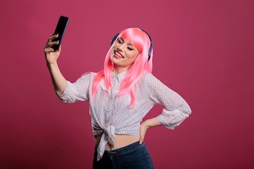 Premium Photo | Young adult with pink hair taking pictures or recording  video on smartphone, listening to music on headphones. using mobile phone  to take photos and enjoy songs on headset for