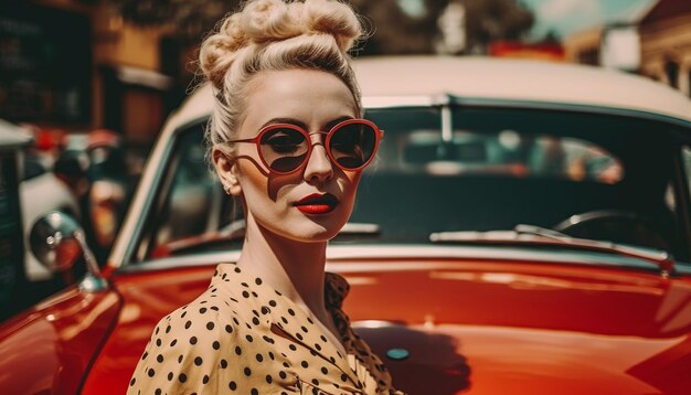 Young adult woman driving vintage car exuding elegance and confidence generated by artificial intelligence