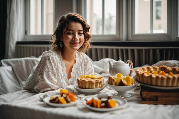 Фото Молодая взрослая женщина наслаждается веселым завтраком в уютной комнате
