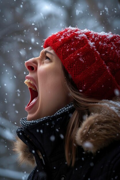 Foto giovane donna adulta sotto il freddo invernale estremo con shock e paura