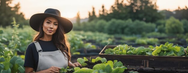 オーガニックの野菜園で働く若い女性の農夫 晴れた日の朝 ゲネレーティブ・アイ・アート