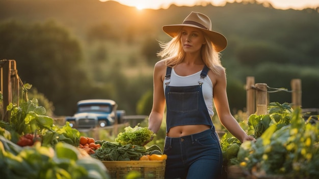 young adult woman farmer working in organic vegetable garden in the morning of sunny day