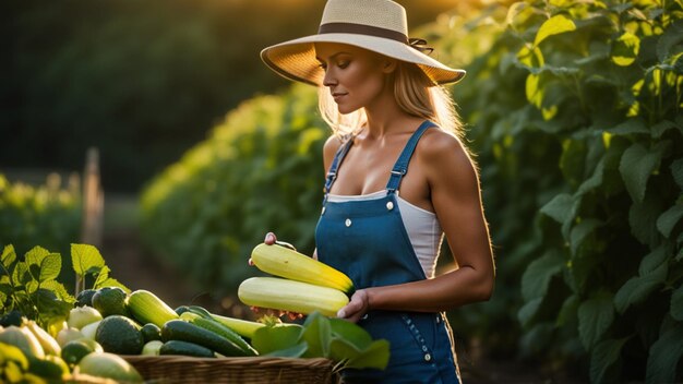 young adult woman farmer working in organic vegetable garden in the morning of sunny day