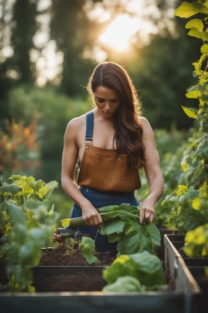 young adult woman farmer working in organic vegetable garden in the morning of sunny day