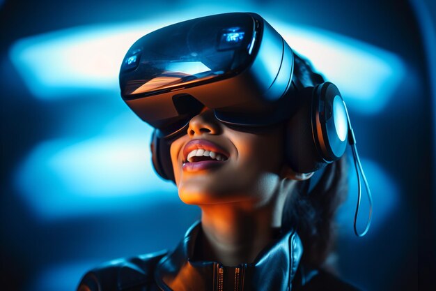Young adult woman in futuristic virtual reality glasses