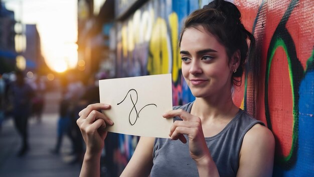 Young adult woman holding empty paper card for sign or symbol