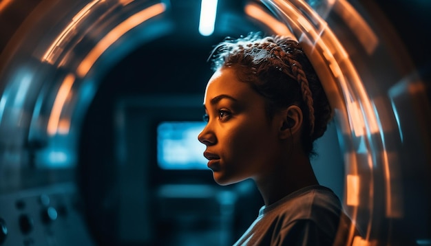 Photo young adult woman looking confident at night generated by ai