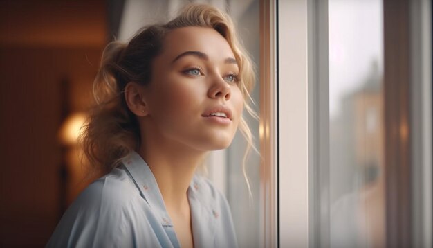 Young adult woman looking through window contemplating her elegant lifestyle generated by artificial intelligence