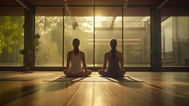 Young adult woman meditating at sunset in the studio