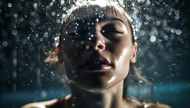 Foto giovane donna adulta all'aperto primo piano ritratto con freschezza goccia di pioggia generata dall'intelligenza artificiale