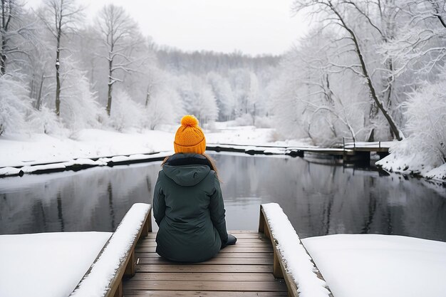 Young adult woman sitting on snow covered edge of footbridge at lake white cold winter day Back view