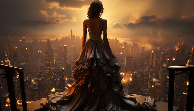 Young adult woman standing on skyscraper enjoying city life at dusk generated by artificial intelligence