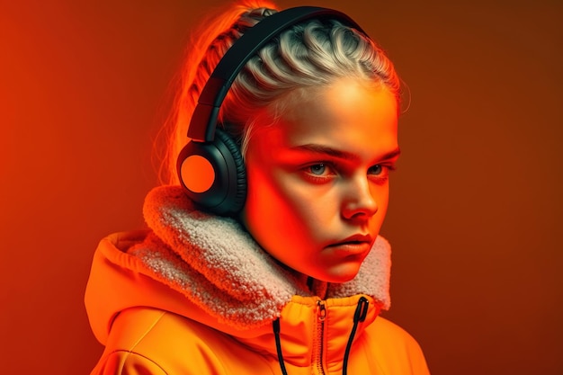 A young adult woman stands against a vibrant orange and red studio backdrop her fashionable style on display Ai generated